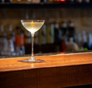 A martini glass at Little Red Door bar in Paris.