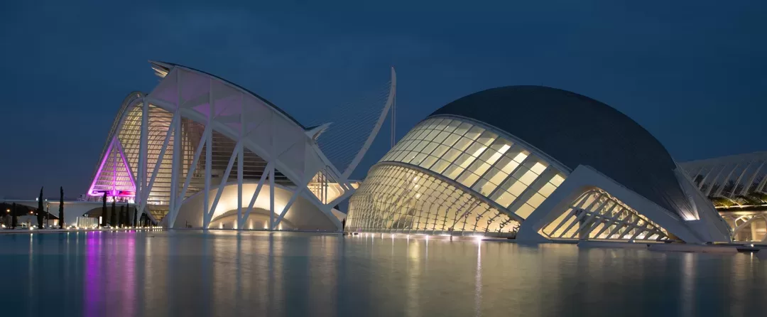 The arts and sciences building in valencia at night.