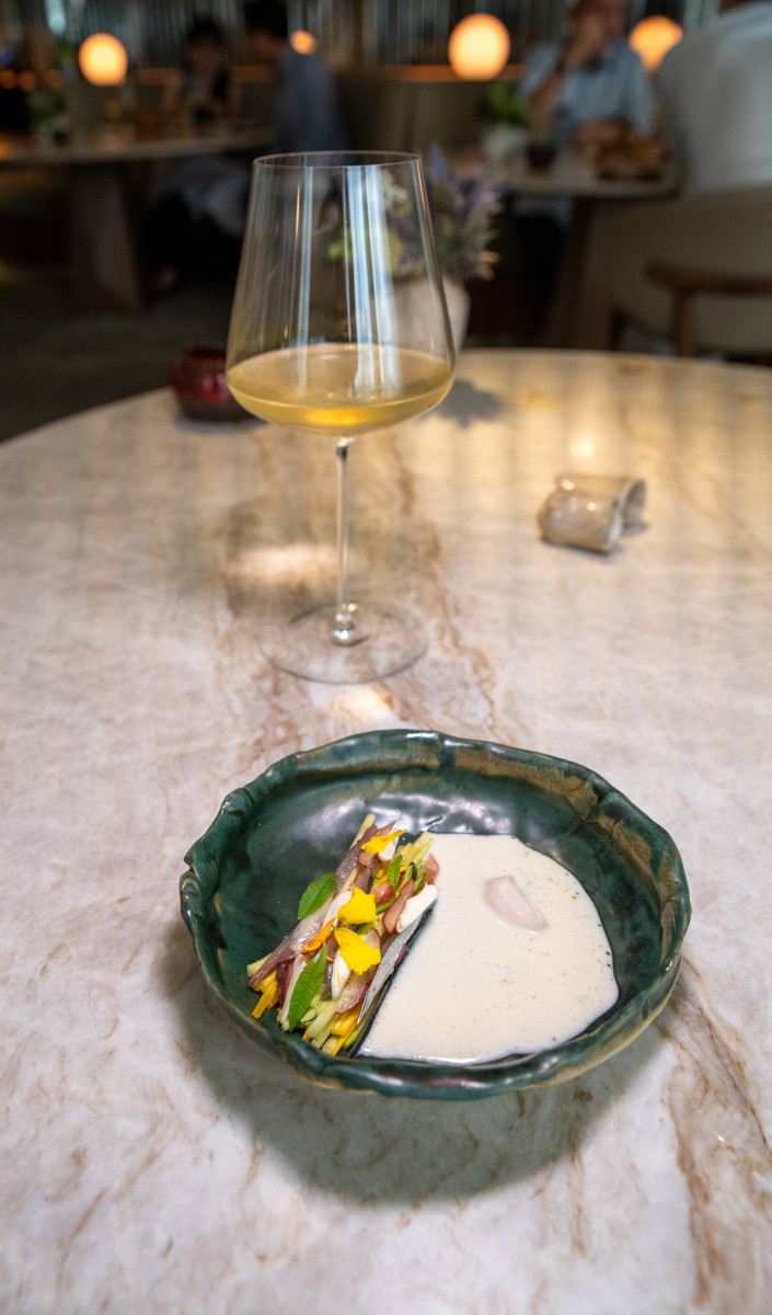 Seasonal tasting menu course plated by Chef Helene Darroze at Marsan