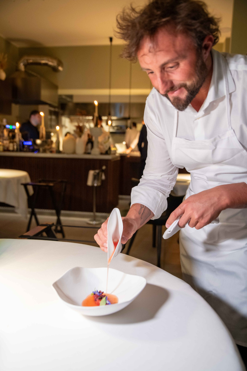 Chocolate souffle with extra virgin olive oil ice cream at Autem Milan